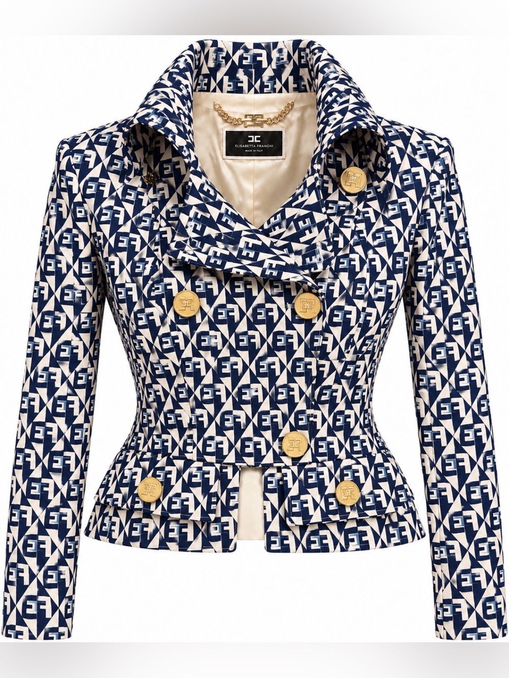 Elisabetta Franchi Navy & Cream Monogram Double-Breasted Jacket